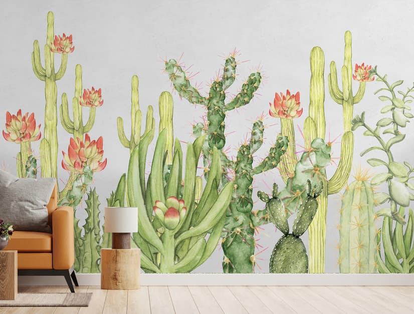 Watercolor Desert Floral and Cactus Wallpaper Mural