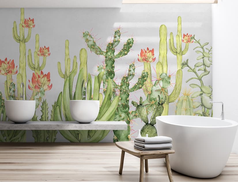 Watercolor Desert Floral and Cactus Wallpaper Mural
