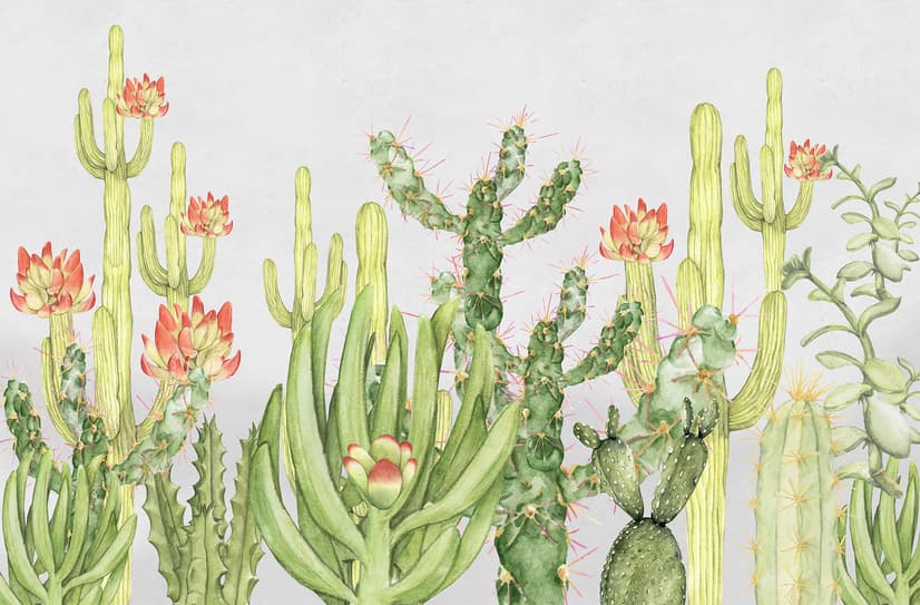 Watercolor Desert Floral and Cactus Wallpaper Mural