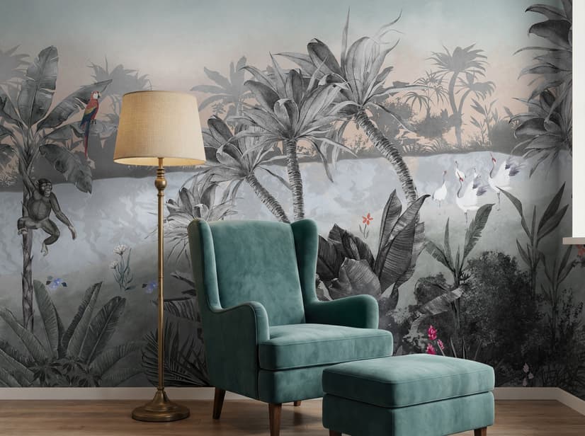 Bunte Papagei und niedlicher Affe mit weicher Wald-Fototapete