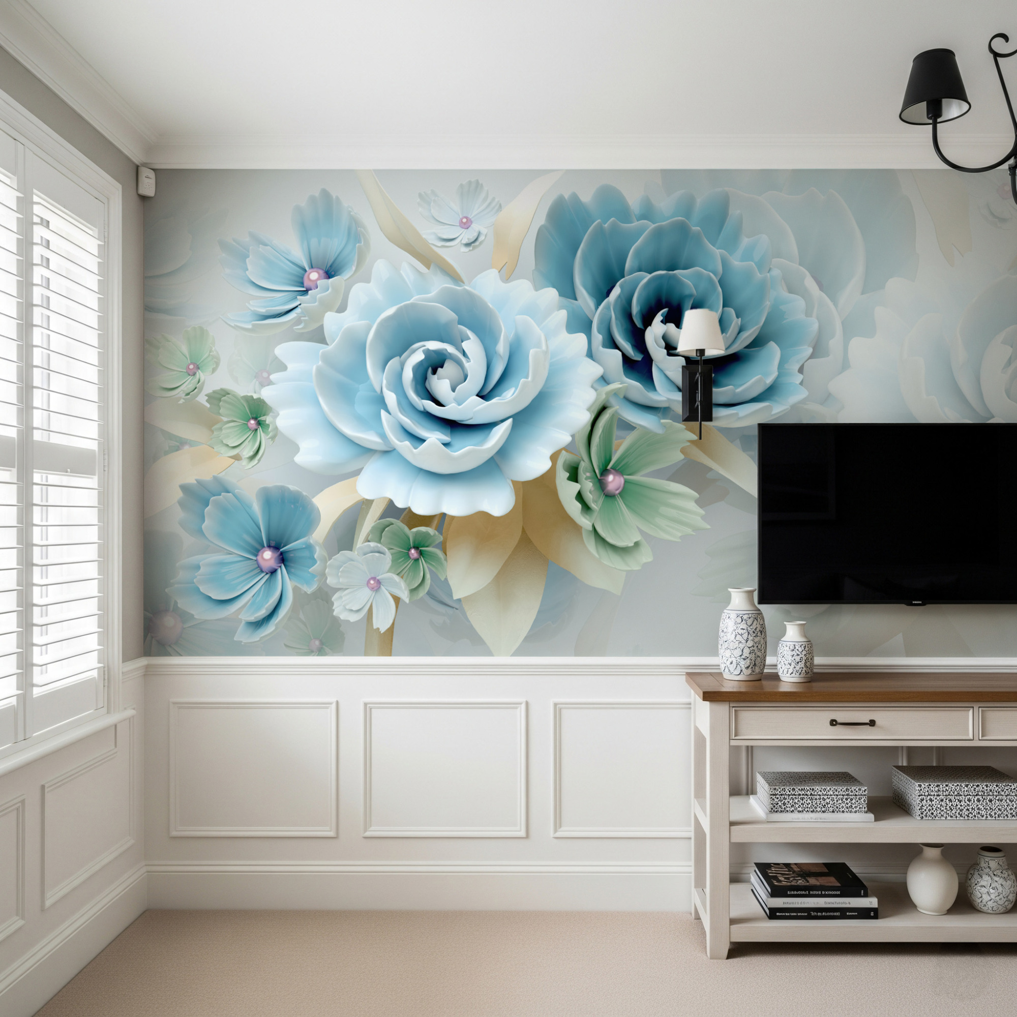 Europäischer Stil 3D Blau-Grün Floral Fototapete