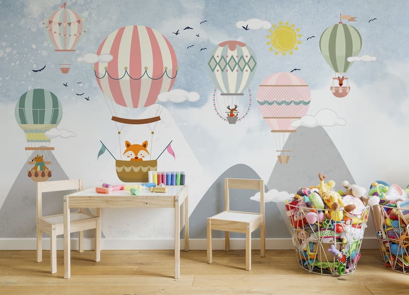 Kinder Cartoon Berglandschaft und Heißluftballon Fototapete