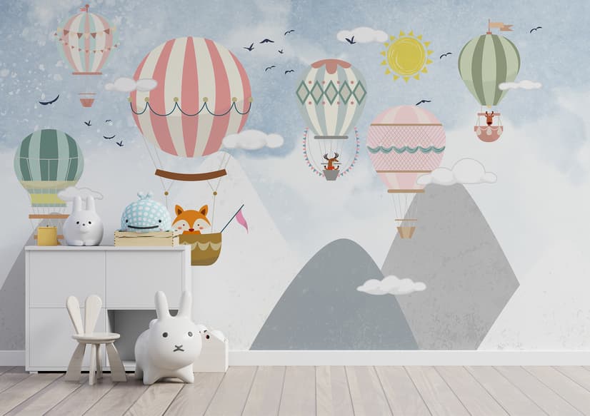 Papier peint paysage montagne montgolfière cartoon enfants