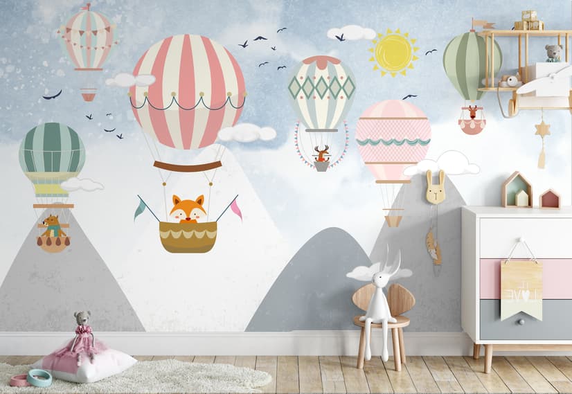 Kinder Cartoon Berglandschaft und Heißluftballon Fototapete