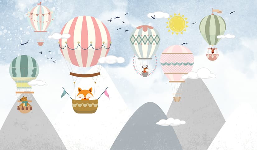 Kinder Cartoon Berglandschaft und Heißluftballon Fototapete