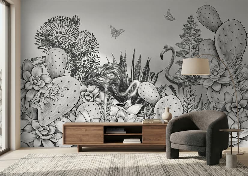 Monochrome Kaktus Floral mit Flamingo Zeichnung Fototapete