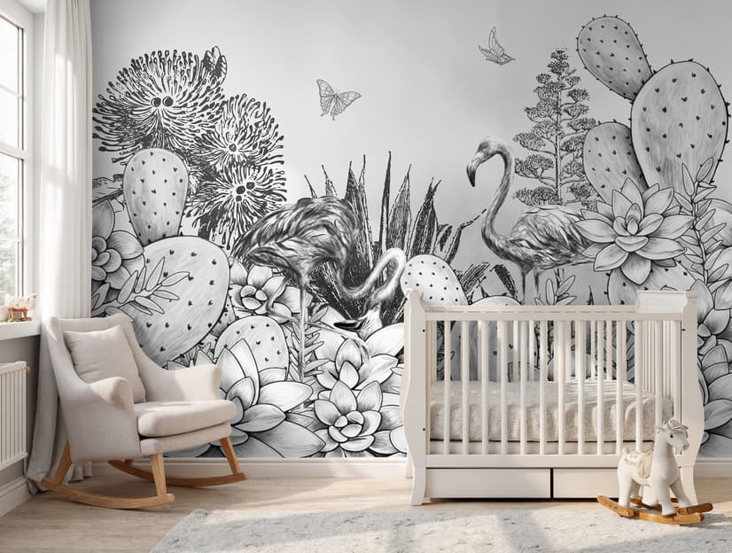 Monochrome Cactus Floral with Flamingo Drawing Wallpaper Mural
