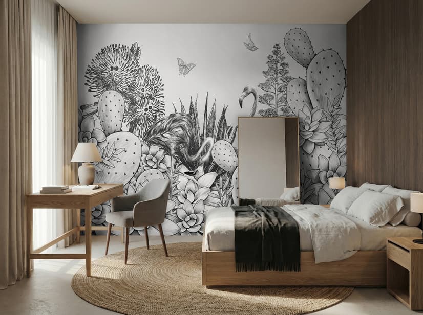 Monochrome Cactus Floral with Flamingo Drawing Wallpaper Mural