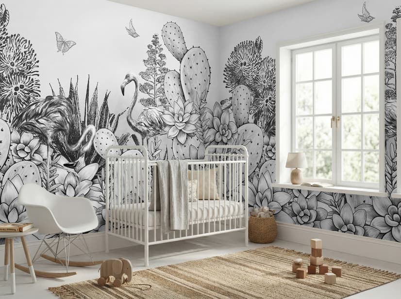 Monochrome Cactus Floral with Flamingo Drawing Wallpaper Mural