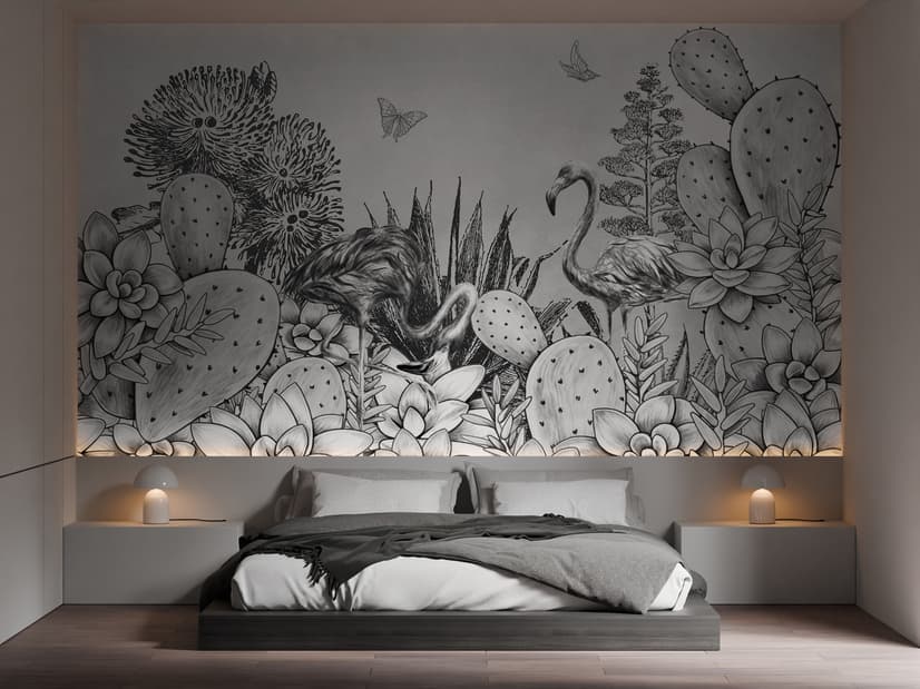 Monochrome Cactus Floral with Flamingo Drawing Wallpaper Mural