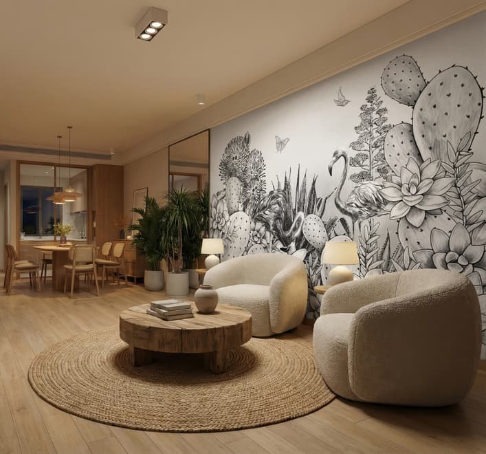 Monochrome Cactus Floral with Flamingo Drawing Wallpaper Mural
