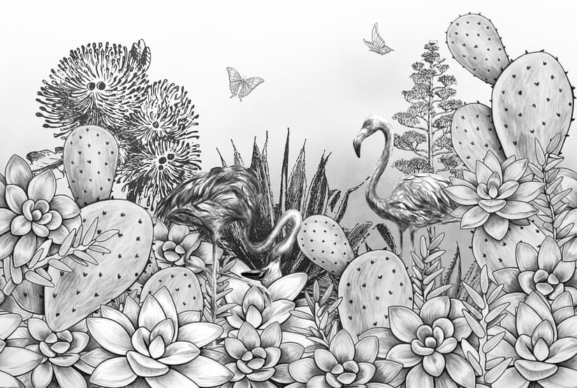Monochrome Cactus Floral with Flamingo Drawing Wallpaper Mural