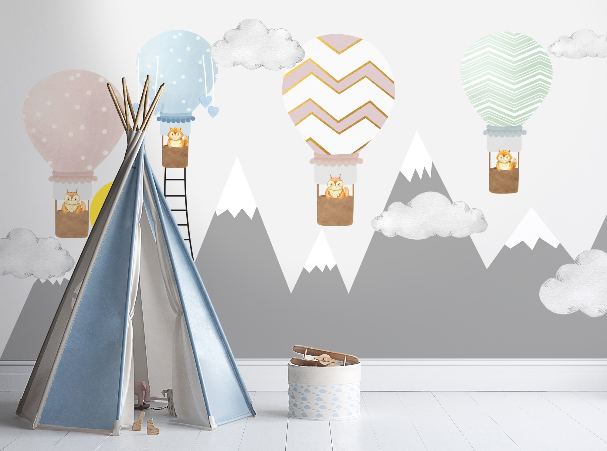 Kids Gray Mountain and Colorful Hot Air Balloon Wallpaper Mural