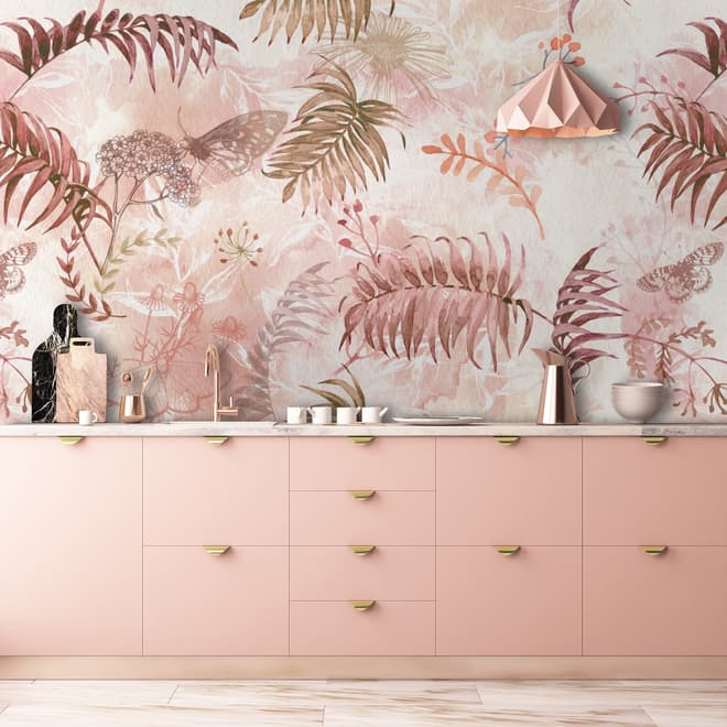 Pink Leaf and Blossom Wallpaper Mural