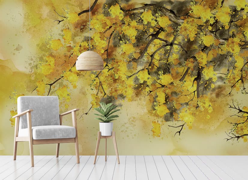 Watercolor Yellow Tree Landscape Wallpaper Mural