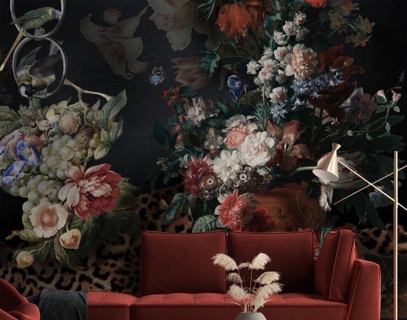 Dark Dutch Floral Bouquet with Birds Wallpaper Mural
