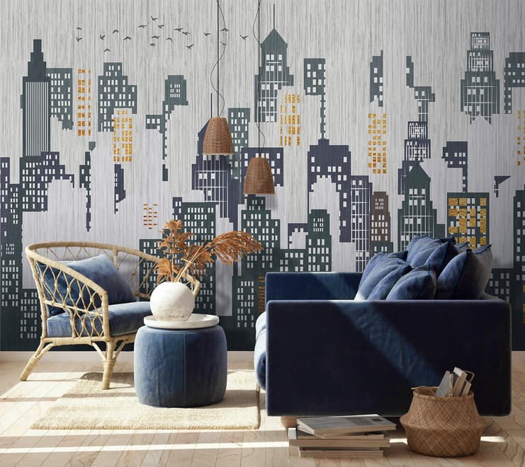 Watercolor City Silhouette Wallpaper Mural