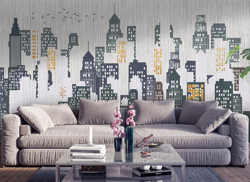 Watercolor City Silhouette Wallpaper Mural