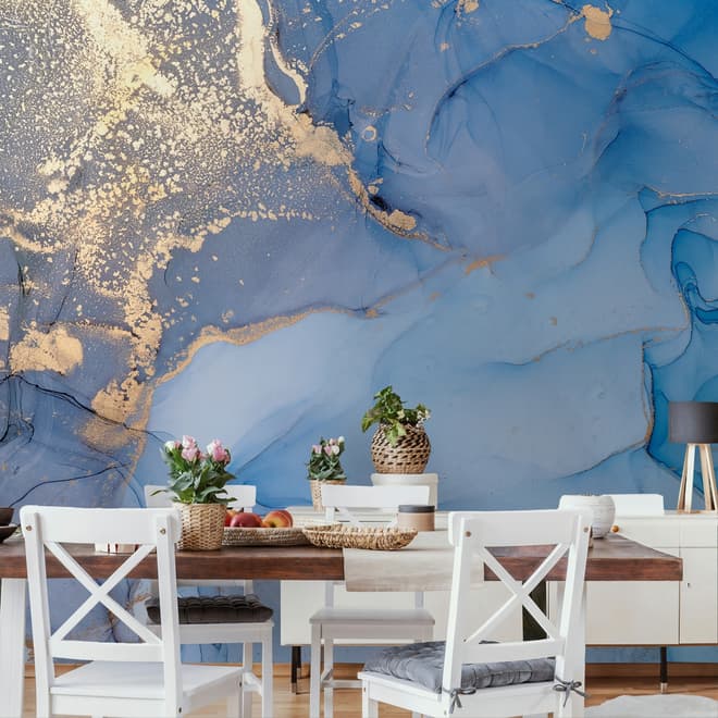 Blue Gold Look Marble with Splash Wallpaper Mural