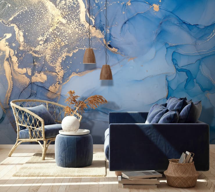 Blue Gold Look Marble with Splash Wallpaper Mural