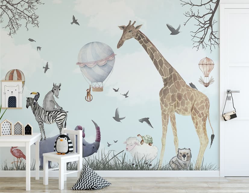 Kids Watercolor Woodland Animals with Giraffe Zebra Hippopotam Wallpaper Mural