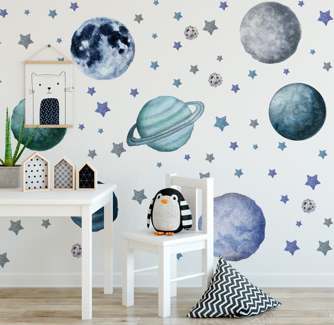 Watercolor Planets and Stars Wall Decal Sticker