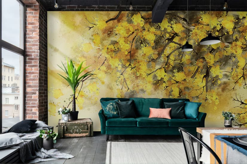 Watercolor Yellow Tree Landscape Wallpaper Mural
