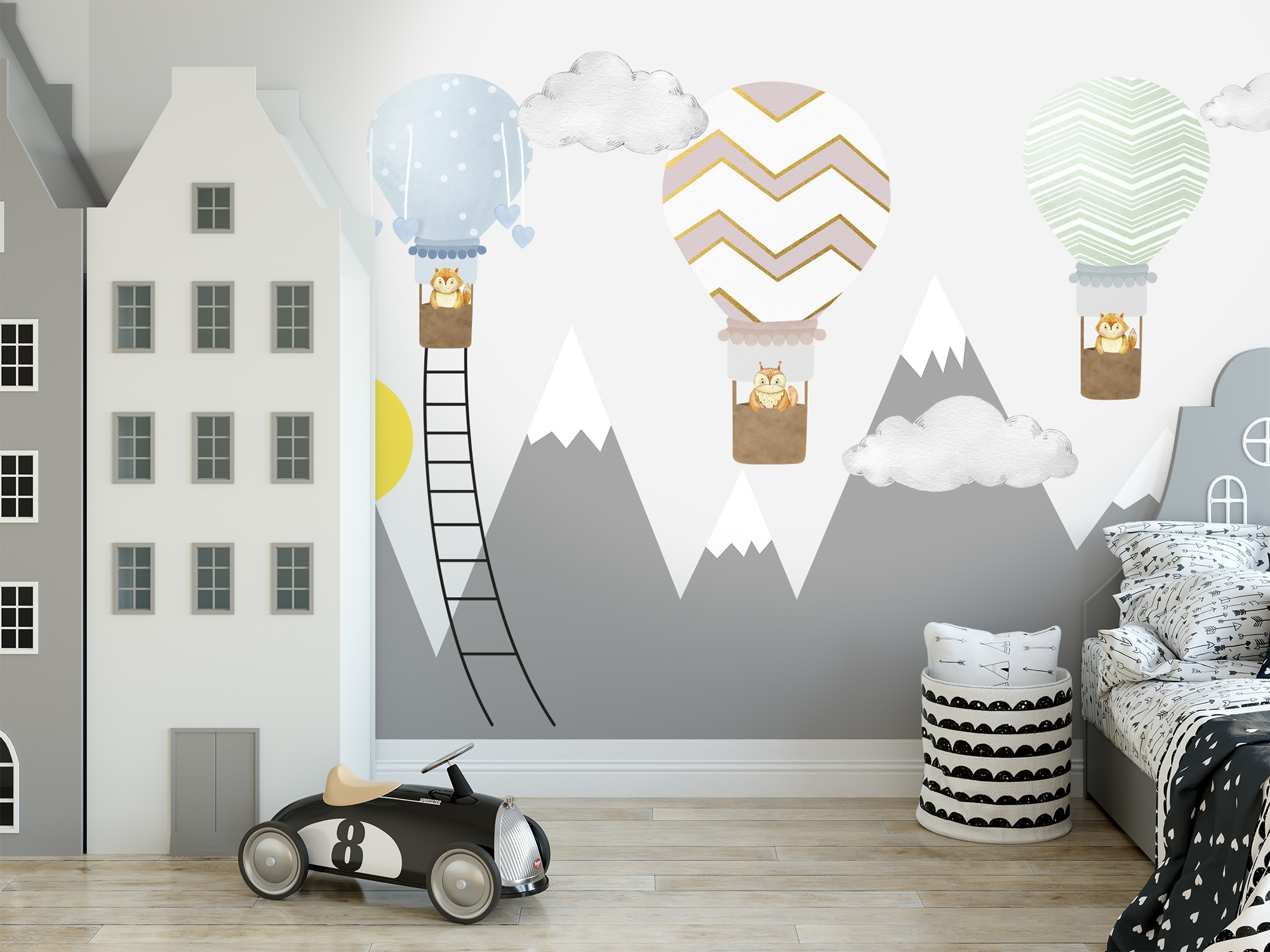 Kids Gray Mountain and Colorful Hot Air Balloon Wallpaper Mural