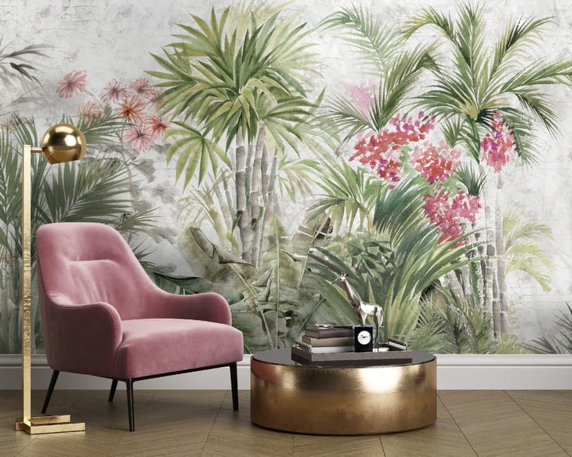 Watercolor Tropical Leaf and Flowers Wallpaper Mural