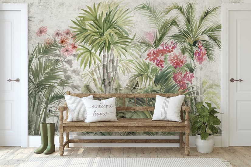 Aquarell Tropenblätter und Blumen Fototapete