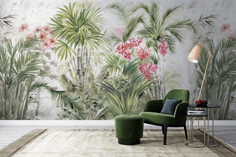 Aquarell Tropenblätter und Blumen Fototapete