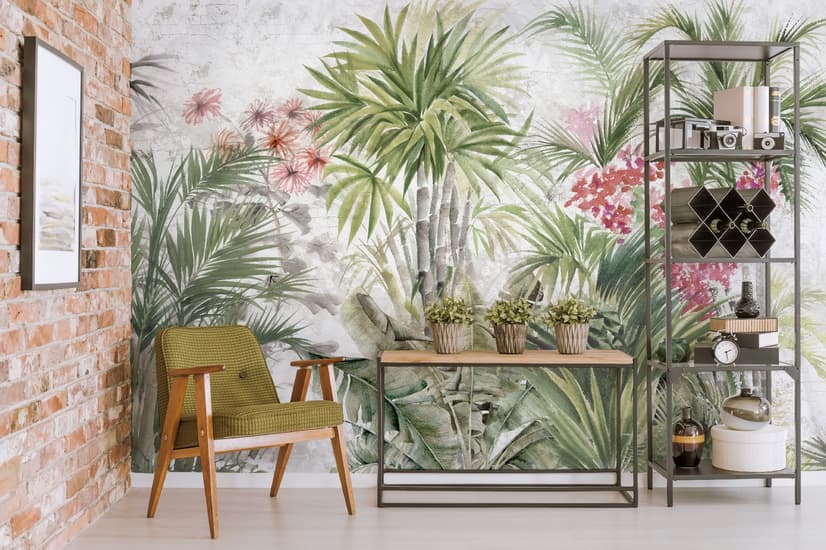 Aquarell Tropenblätter und Blumen Fototapete