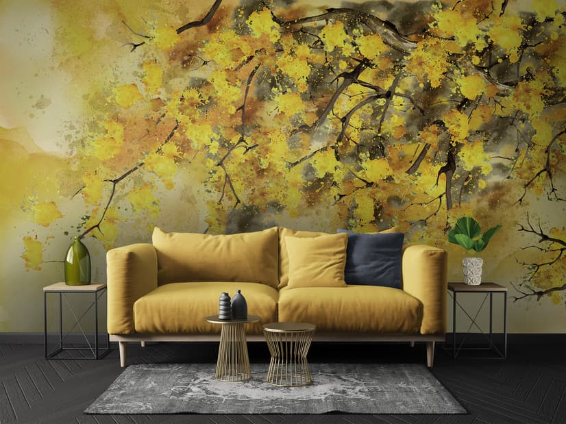 Watercolor Yellow Tree Landscape Wallpaper Mural