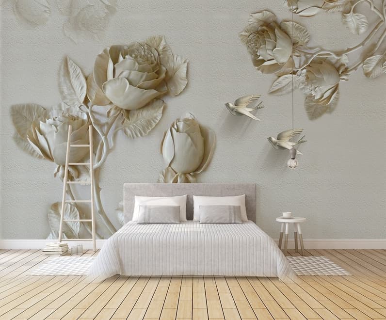 3D Embossed Look Rose Sculpture Wallpaper Mural
