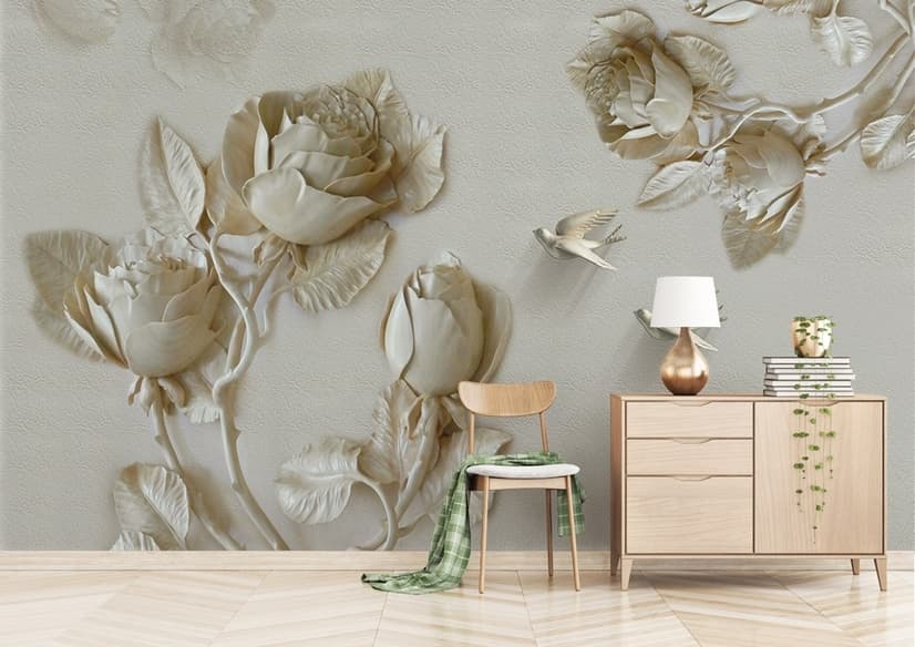 3D Embossed Look Rose Sculpture Wallpaper Mural