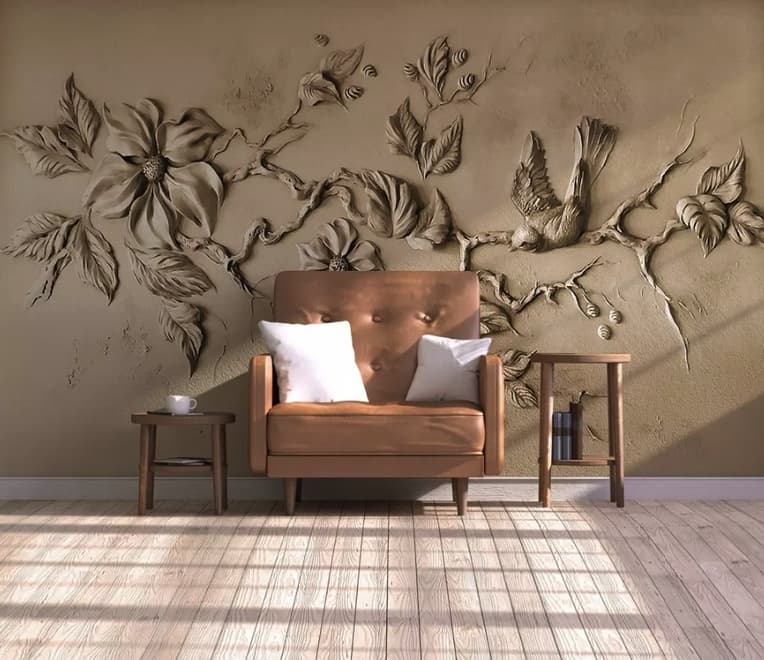 3D Embossed Look Cement Floral Tree Wallpaper Mural