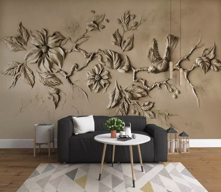 3D Embossed Look Cement Floral Tree Wallpaper Mural