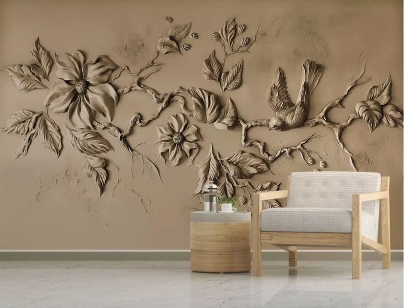 3D Embossed Look Cement Floral Tree Wallpaper Mural
