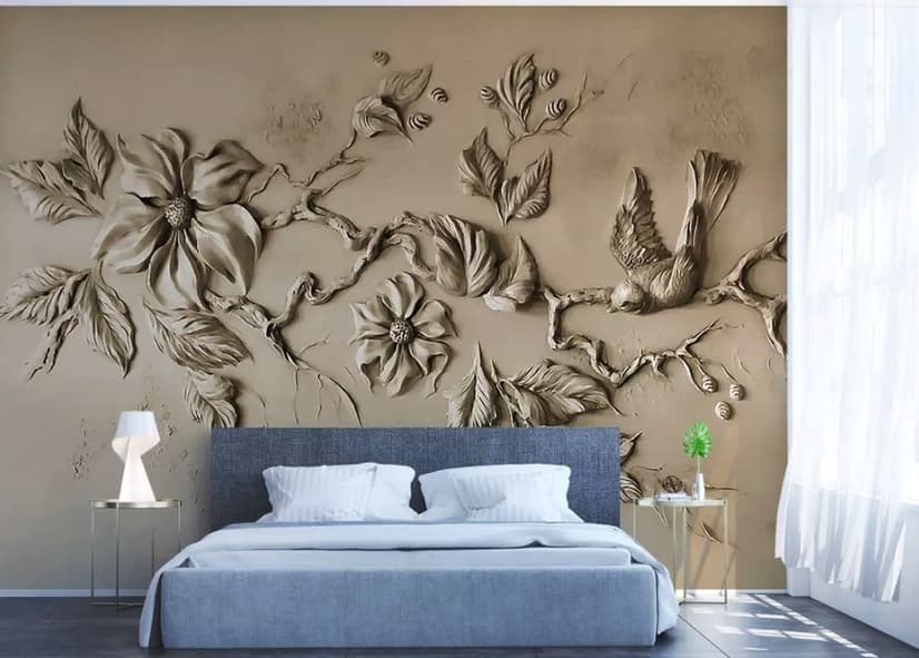 3D Embossed Look Cement Floral Tree Wallpaper Mural