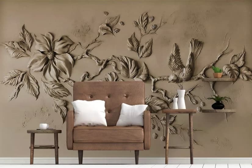 3D Embossed Look Cement Floral Tree Wallpaper Mural
