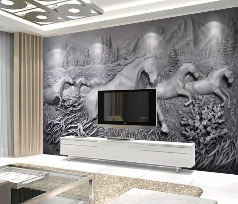 3D Embossed Look Cement Angel Horses Wallpaper Mural