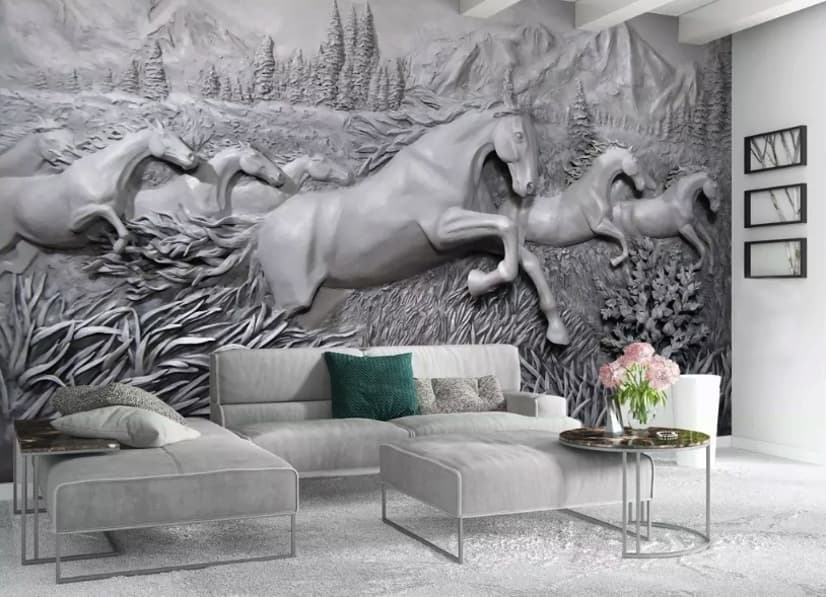 3D Embossed Look Cement Angel Horses Wallpaper Mural