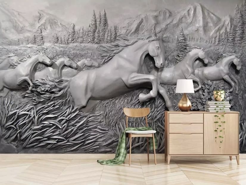 3D Embossed Look Cement Angel Horses Wallpaper Mural