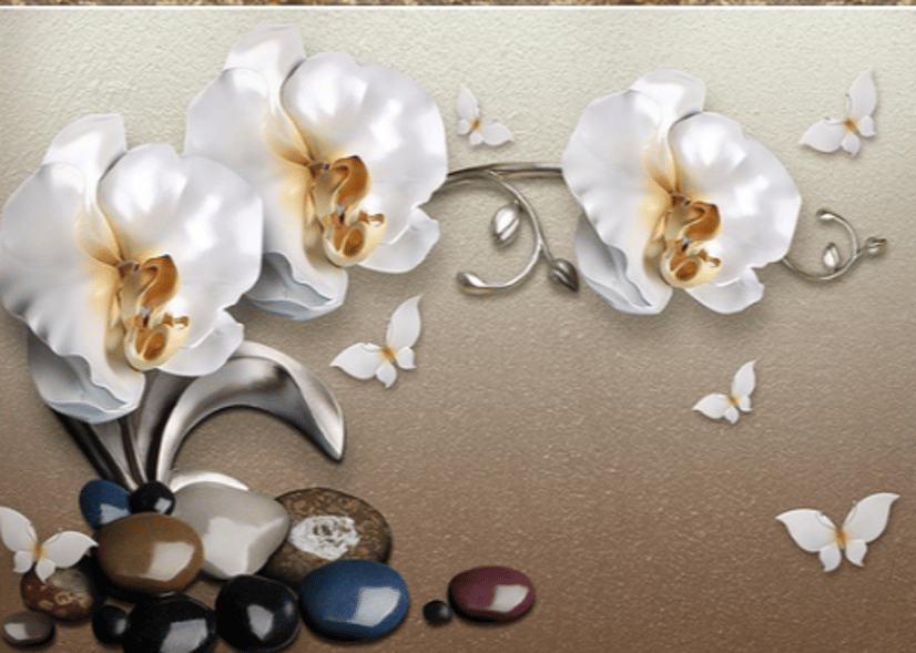 3D Look  Orchid Floral with Pebble Wallpaper Mural