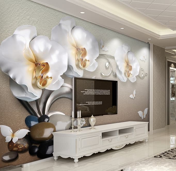 3D Look  Orchid Floral with Pebble Wallpaper Mural