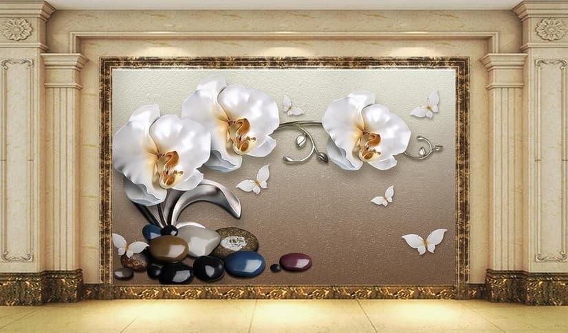 3D Look  Orchid Floral with Pebble Wallpaper Mural