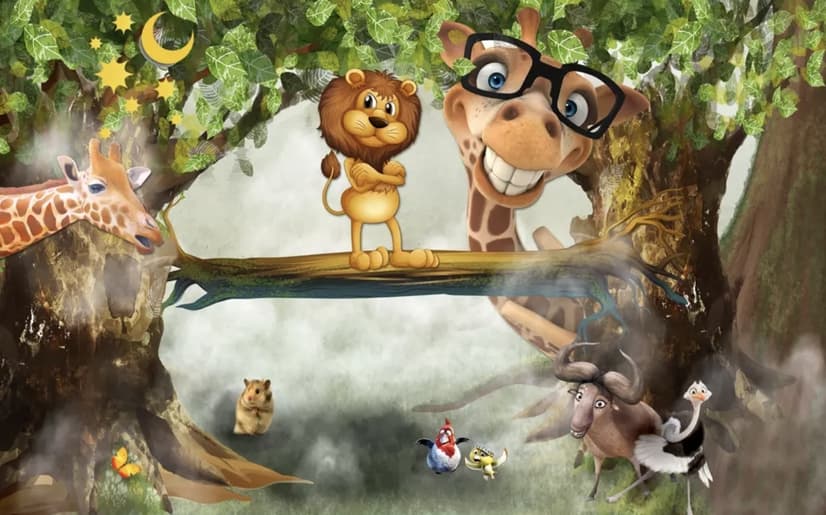 Papier peint panoramique girafe et lion roi en aspect 3D