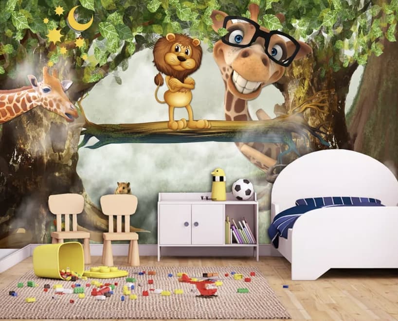 3D Look Cartoon Giraffe and King Lion Wallpaper Mural