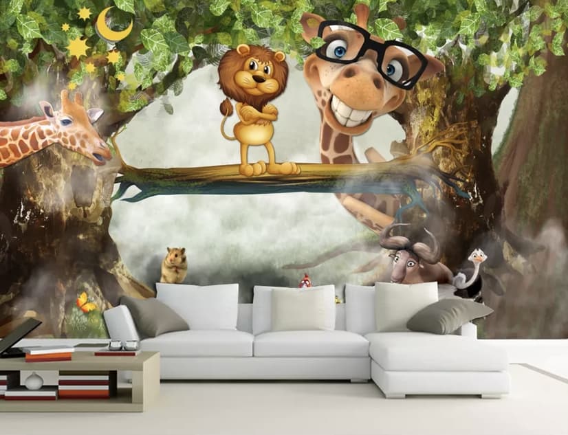 Papier peint panoramique girafe et lion roi en aspect 3D