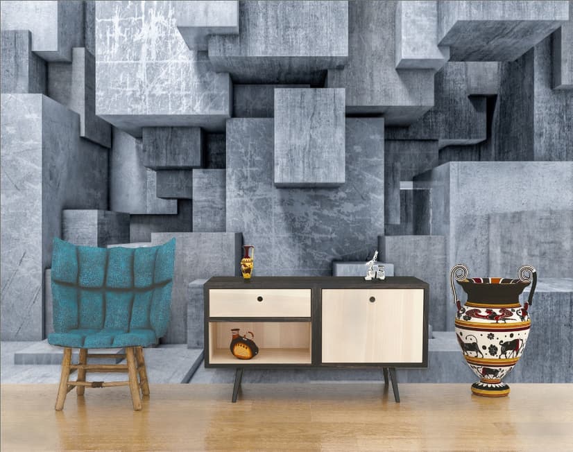 3D Look Concrete Style Gray Abstract Cubes Wallpaper Mural
